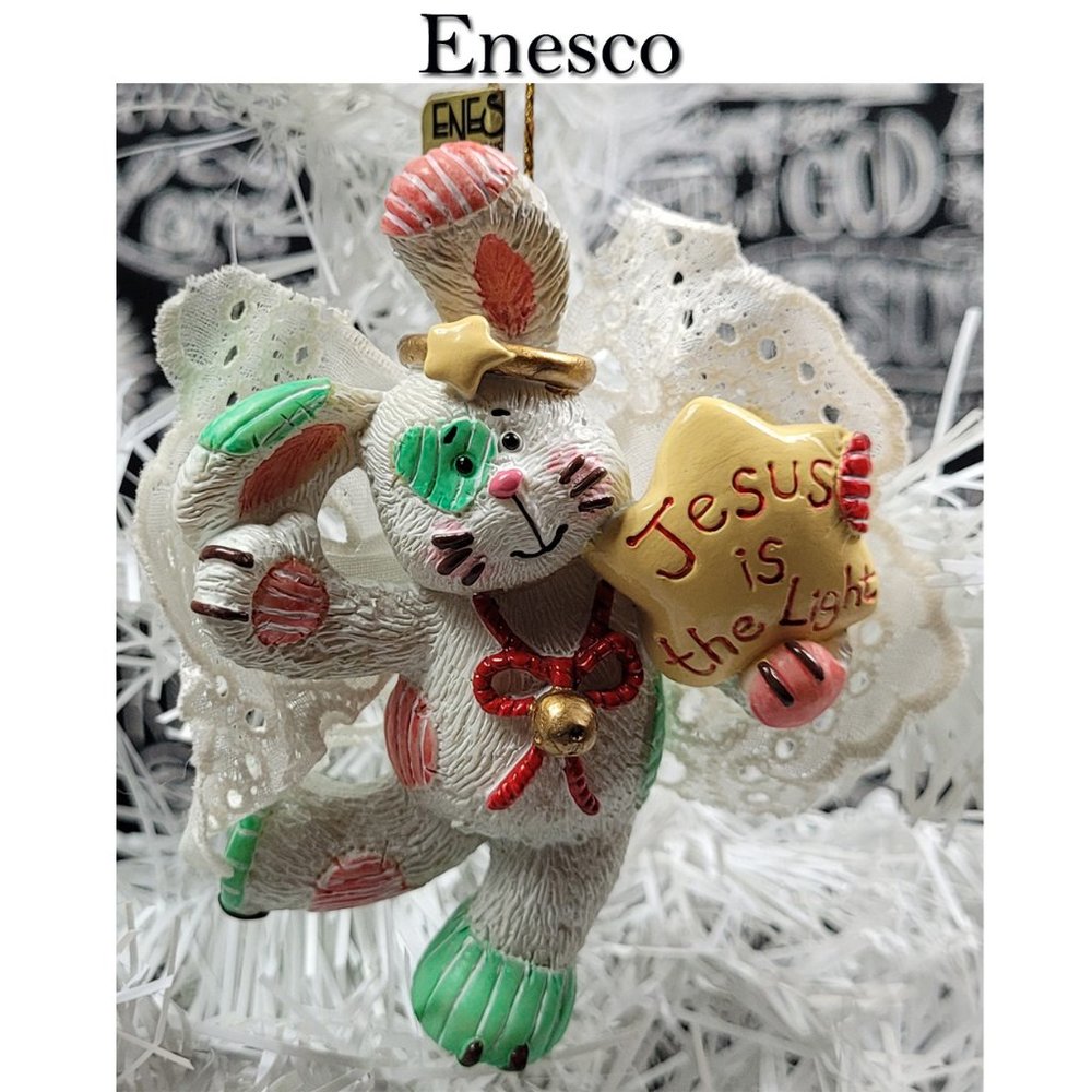 Vintage Enesco Jesus Is The Light Bunny Rabbit Christmas Ornament 1990